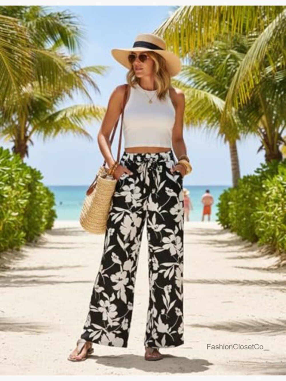 Womens Palazzo Pants Boho Floral Wide Leg Pants High Waist with Pockets - Picture 4 of 7